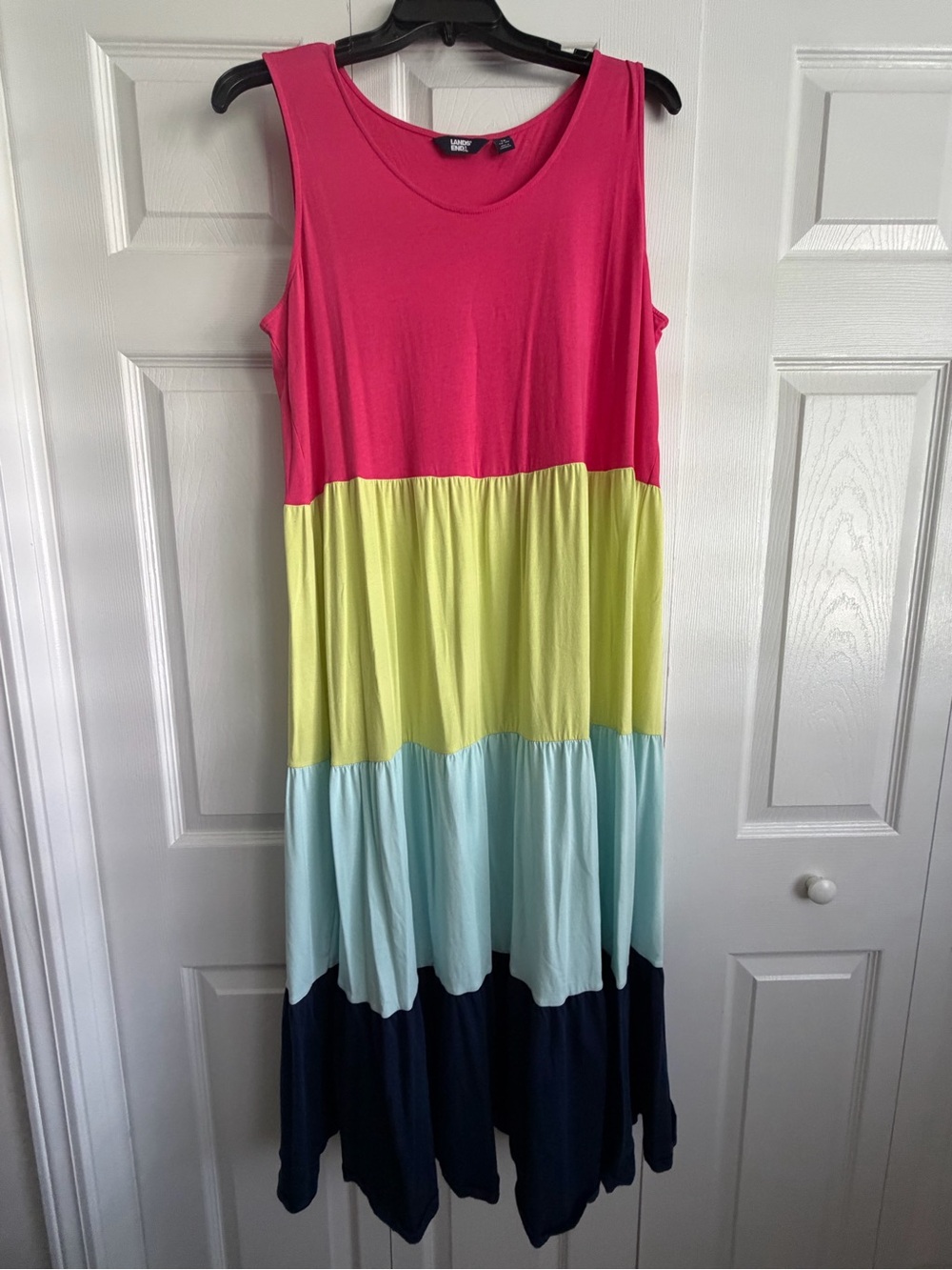 Lands End Women’s Colorblock Tiered Maxi Dress - Pink, Yellow, Light Blue, Navy